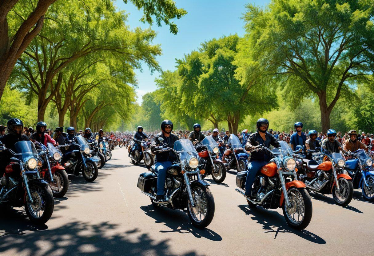 A vibrant gathering of diverse motorcycle enthusiasts on a sunny day, showcasing a variety of stylish bikes in an open park. The scene captures riders wearing colorful gear, sharing stories and laughter, surrounded by green trees and a bright blue sky. Emphasize the camaraderie and excitement of the biking community, with motorcycles lined up and some individuals riding. super-realistic. vibrant colors. outdoor setting.