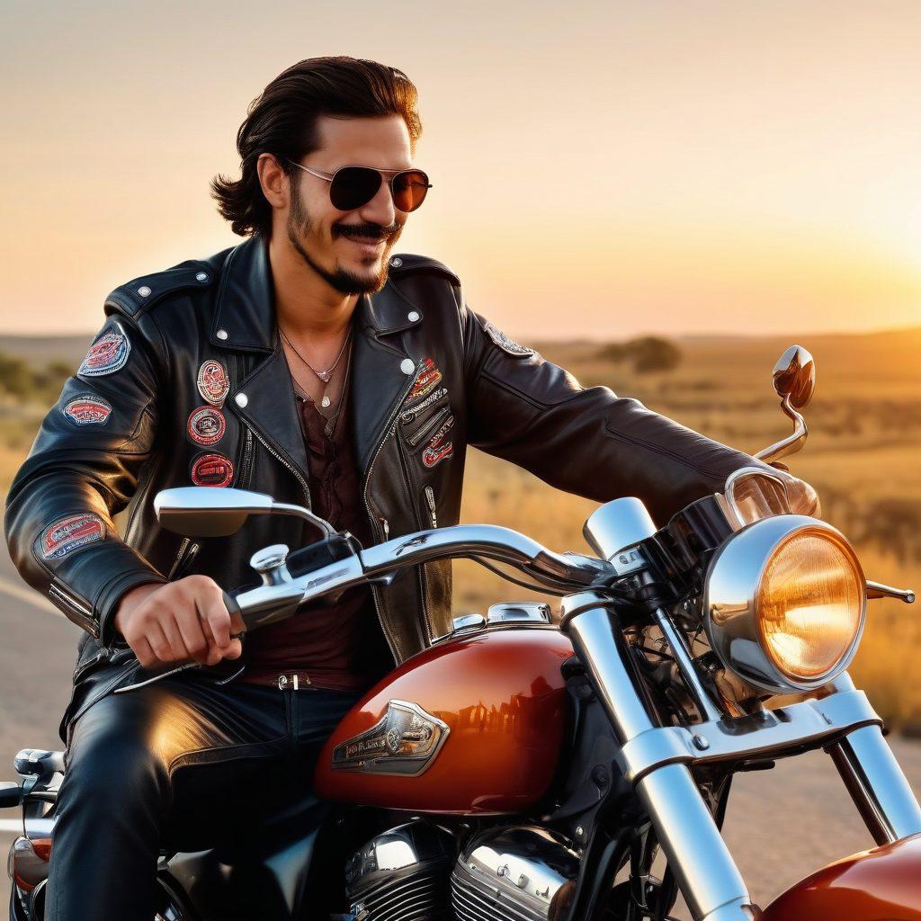 A stylish biker riding a vintage motorcycle on an open road, dressed in fashionable leather attire, surrounded by a group of diverse bikers sharing smiles and camaraderie. The backdrop features a sunset highlighting their adventurous spirit, with patches and accessories symbolizing community support. Emphasize the thrill of freedom and friendship in the biker lifestyle. super-realistic. vibrant colors. cinematic atmosphere.