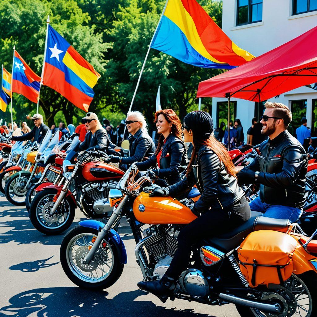 A dynamic scene showcasing a diverse group of motorcyclists in vibrant gear, engaging in lively discussions at a colorful outdoor gathering. Include various types of motorcycles parked around, with flags and banners celebrating motorcycle culture in the background. Capture the essence of camaraderie and excitement, featuring smiling faces and picturesque scenery. super-realistic. vibrant colors. outdoor setting.